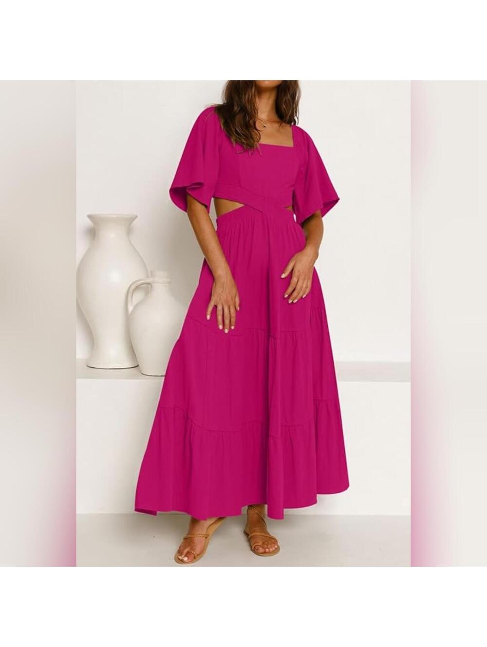 LEANI Cutout Square Neck Short Sleeve Crossover Waist Casual Party Dress, XL